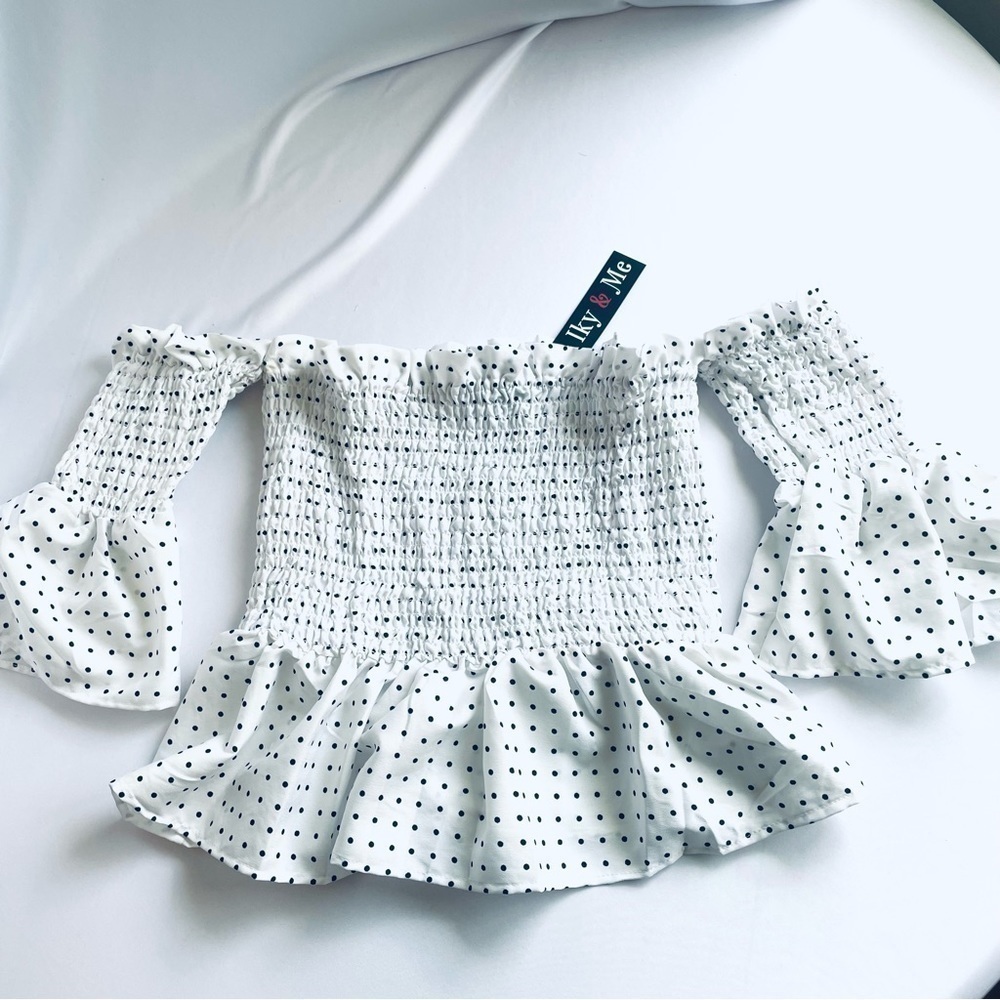 Polka Dot Off Shoulder Flounce Sleeve Crop Top - Size Large - Picture 11 of 13